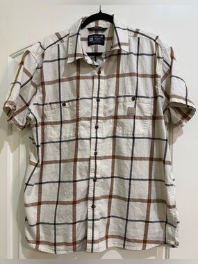 Carhartt Short-Sleeve Plaid Button-Down Shirt in Cream, Brown & Black